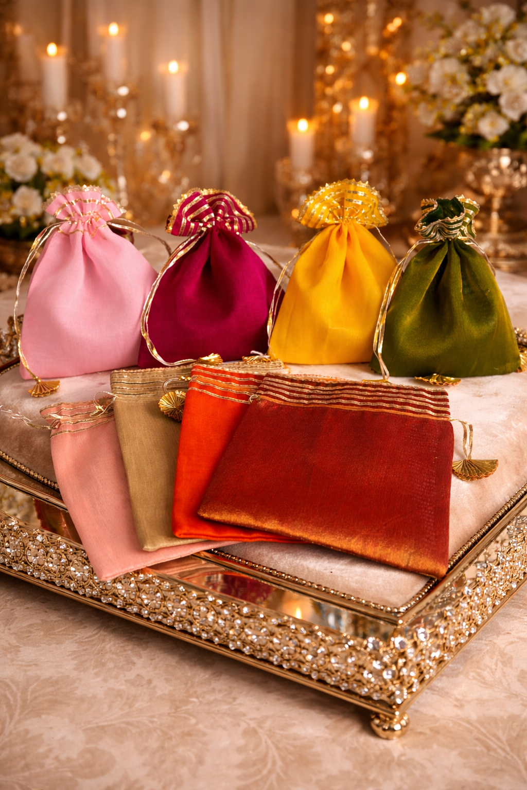 Elegant Luxury Drawstring Wedding Favor Bags with drawstring closure – Elegant Gift Pouches. Perfect reusable gift packaging for weddings, bridal showers, and party favors.