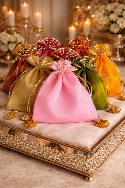 Elegant Luxury Drawstring Wedding Favor Bags with drawstring closure – Elegant Gift Pouches. Perfect reusable gift packaging for weddings, bridal showers, and party favors.