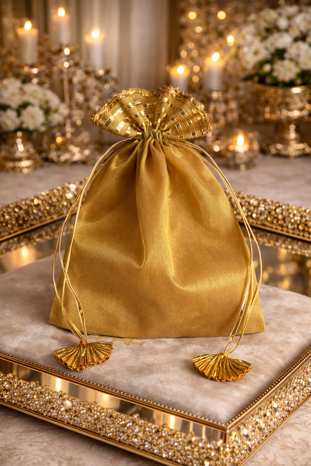 Elegant Luxury Drawstring Wedding Favor Bags with drawstring closure – Elegant Gift Pouches. Perfect reusable gift packaging for weddings, bridal showers, and party favors.