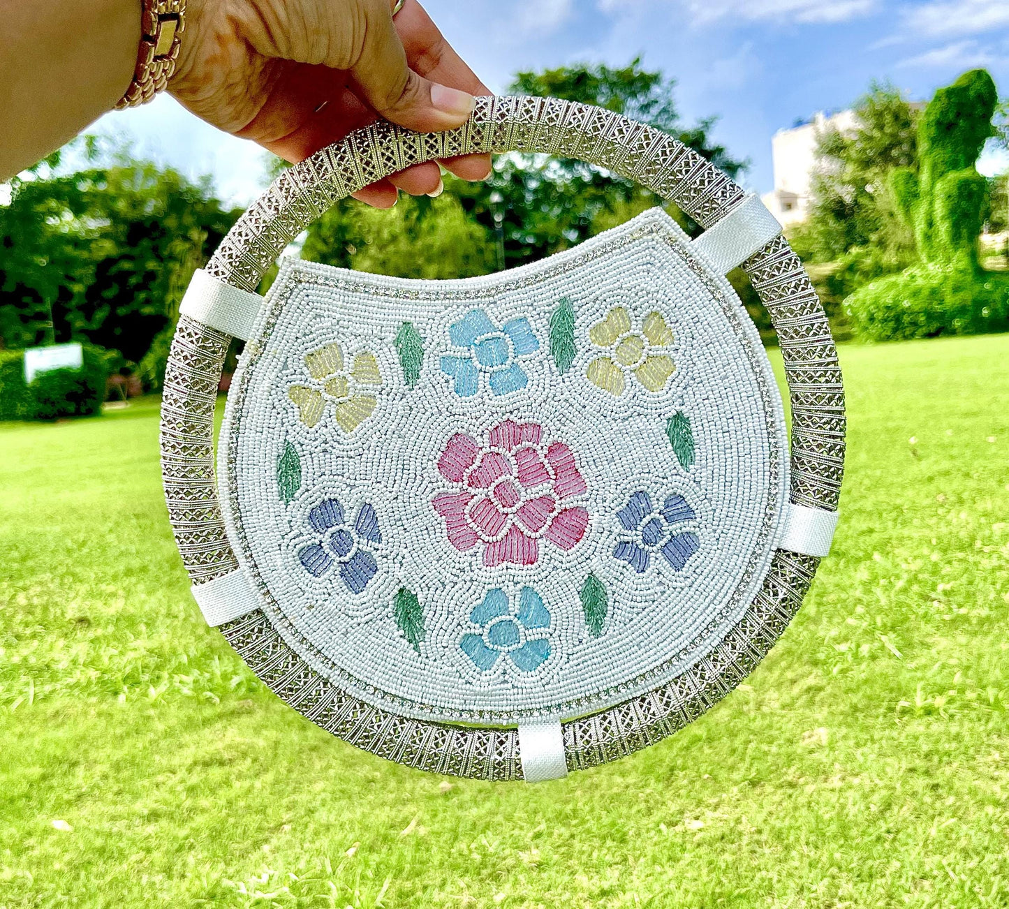 White Beaded Floral Handbag: Round Wedding Clutch with Sling Chain