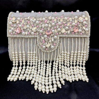 Luxury Pearl Fringe Bridal Clutch – Crystal Beaded Wedding & Party Handbag | Beige | Gray