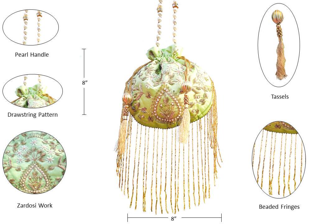 Mint Green Embroidered Pearl Potli Bag with Tassels – Handmade Bridal Potli