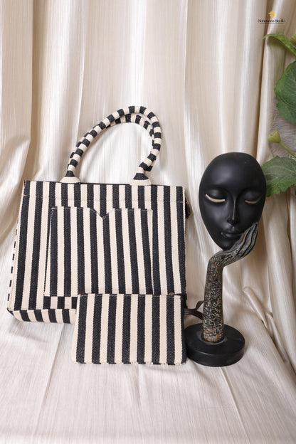 Handcrafted Black & Ivory Striped Tote Bag with Pouch for Everyday Use | Ayaana Creations