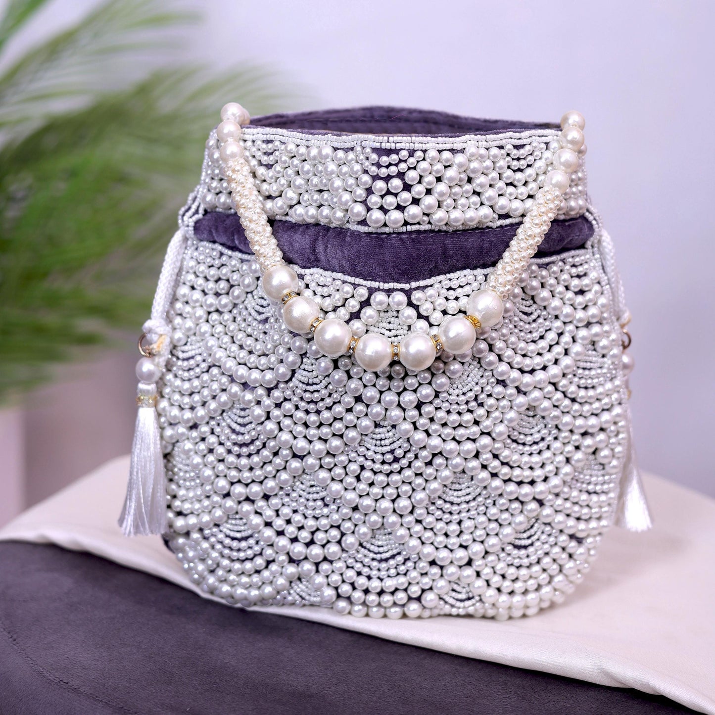 Luxury Pearl Beaded Bridal Potli Bag – Handmade Wedding Clutch Purse for Bride & Evening Party