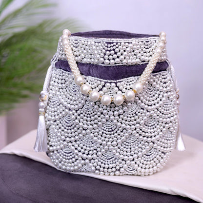 Luxury Pearl Beaded Bridal Potli Bag – Handmade Wedding Clutch Purse for Bride & Evening Party