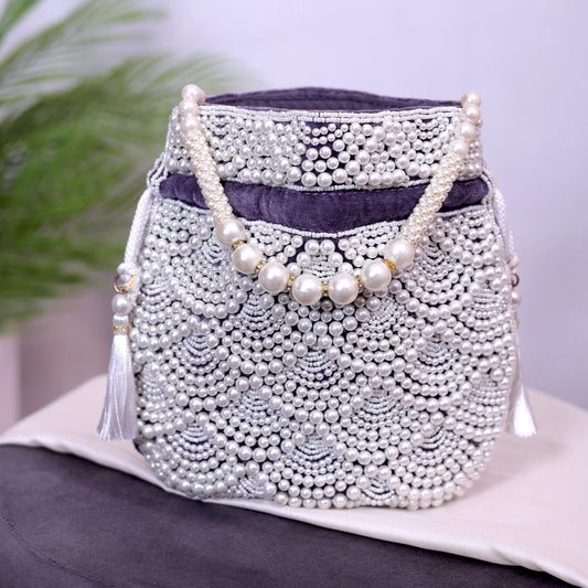Luxury Pearl Beaded Bridal Potli Bag – Handmade Wedding Clutch Purse for Bride & Evening Party