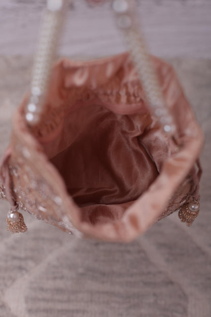 Luxury peach Gold Embroidered Pearl Handle Potli Bag – Bridal Wedding Clutch Purse