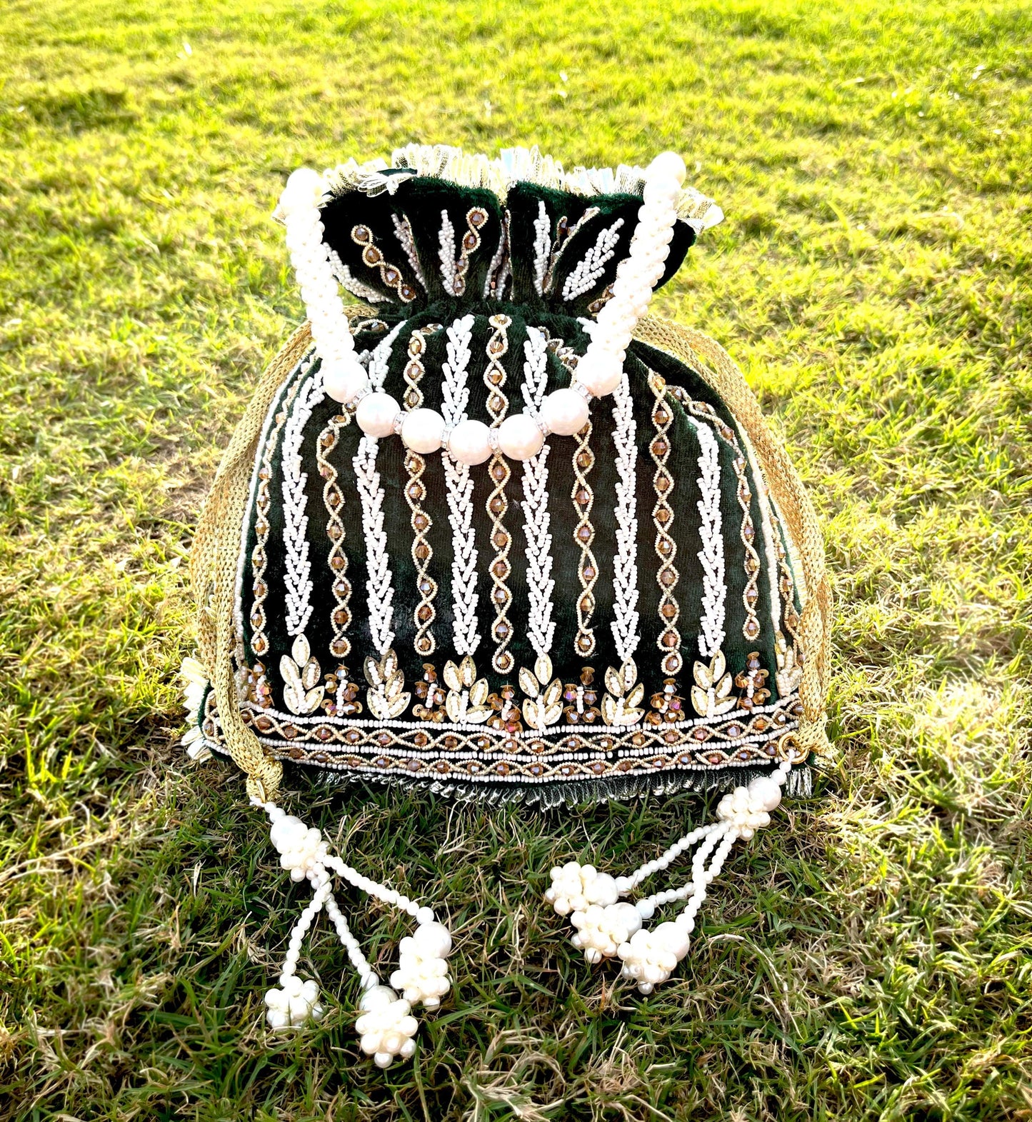 Emerald Green Velvet Beaded Potli Bag: Handcrafted Party Favor