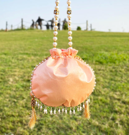 Peach Hand Embroidered Potli Bag with Pearl Handle | Bridal Beaded Drawstring Bag for Wedding & Festive Wear