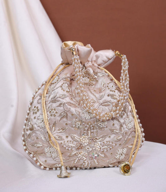 Champagne Gold Pearl Handle Embroidered Potli Bag