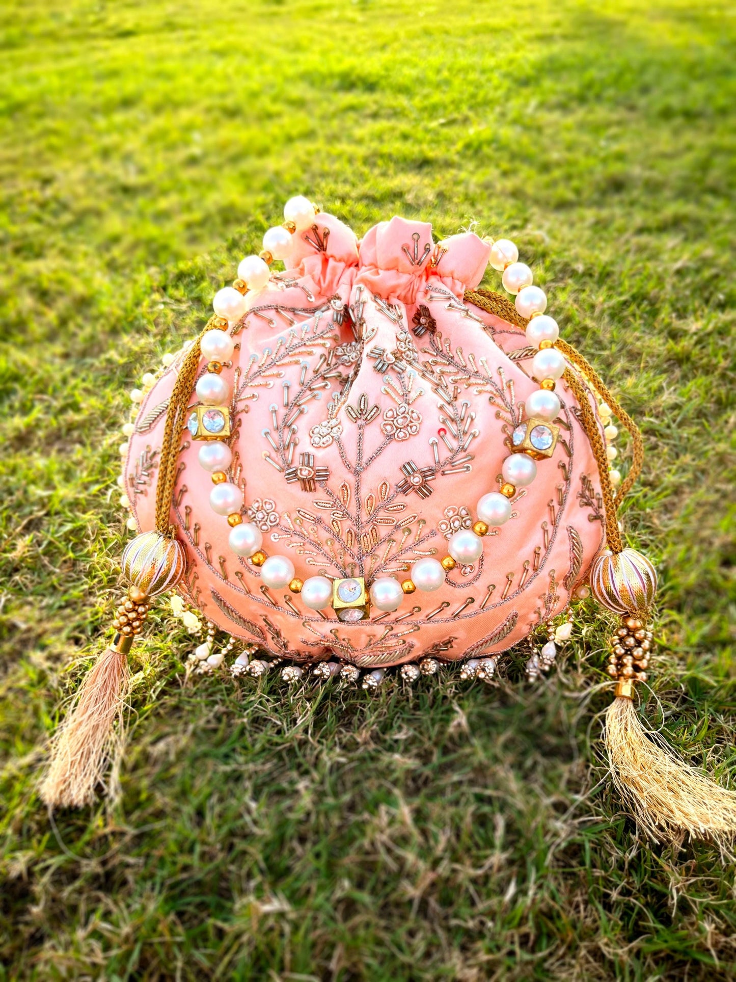 Peach Hand Embroidered Potli Bag with Pearl Handle | Bridal Beaded Drawstring Bag for Wedding & Festive Wear