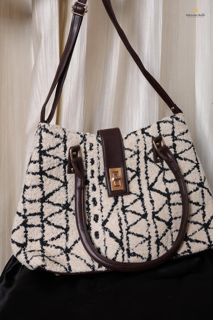 Black & Ivory Textured Tote Bag with Lock Closure | Handmade Geometric Fabric Shoulder Bag with Zipper Pouch
