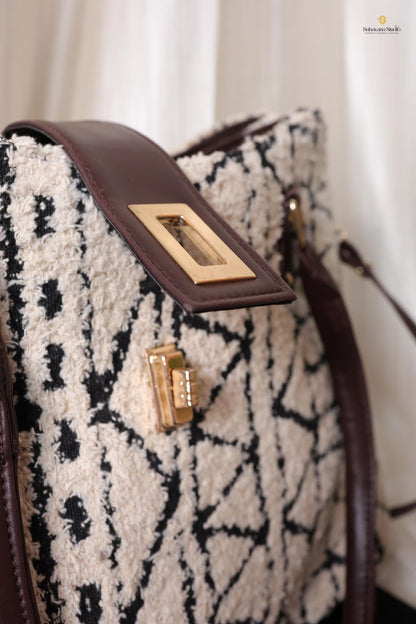Black & Ivory Textured Tote Bag with Lock Closure | Handmade Geometric Fabric Shoulder Bag with Zipper Pouch