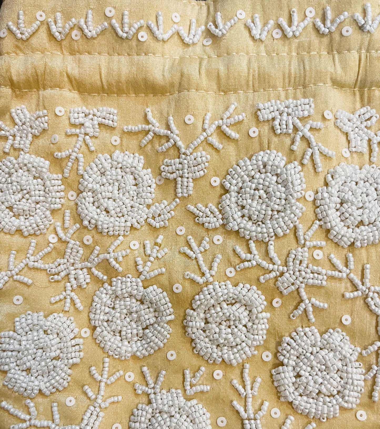 Beige Zardosi Potli Bag: Beaded Pearl Handle, Wedding Favor