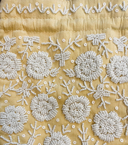 Beige Zardosi Potli Bag: Beaded Pearl Handle, Wedding Favor