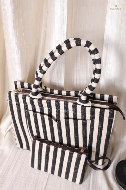 Handcrafted Black & Ivory Striped Tote Bag with Pouch for Everyday Use | Ayaana Creations