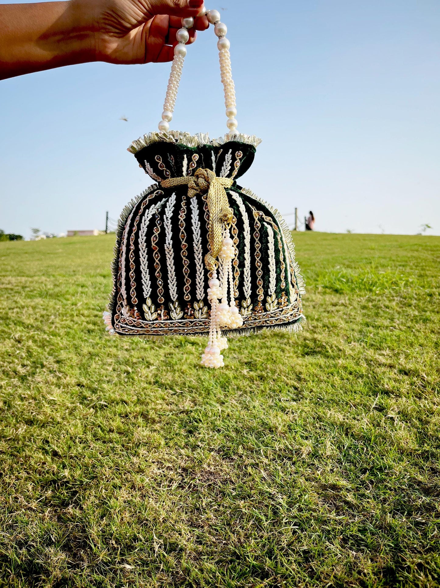 Emerald Green Velvet Beaded Potli Bag: Handcrafted Party Favor