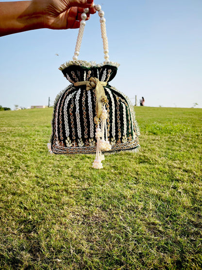 Emerald Green Velvet Beaded Potli Bag: Handcrafted Party Favor