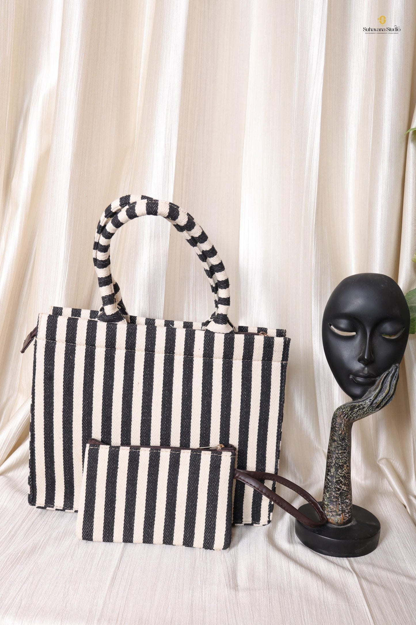 Handcrafted Black & Ivory Striped Tote Bag with Pouch for Everyday Use | Ayaana Creations