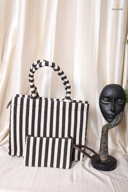 Handcrafted Black & Ivory Striped Tote Bag with Pouch for Everyday Use | Ayaana Creations