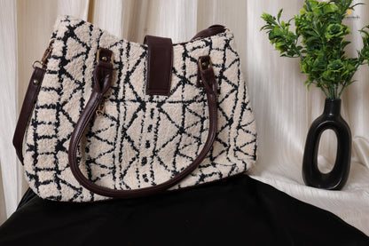 Black & Ivory Textured Tote Bag with Lock Closure | Handmade Geometric Fabric Shoulder Bag with Zipper Pouch