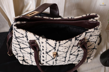 Black & Ivory Textured Tote Bag with Lock Closure | Handmade Geometric Fabric Shoulder Bag with Zipper Pouch