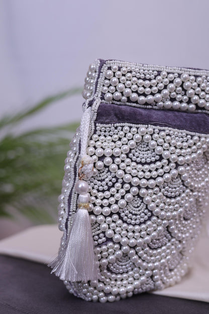 Luxury Pearl Beaded Bridal Potli Bag – Handmade Wedding Clutch Purse for Bride & Evening Party