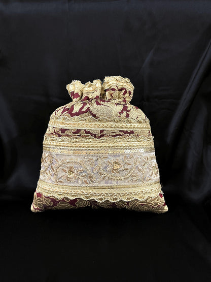Royal Gold Embroidered Bridal Potli Bag – Luxury Wedding Drawstring Clutch Purse