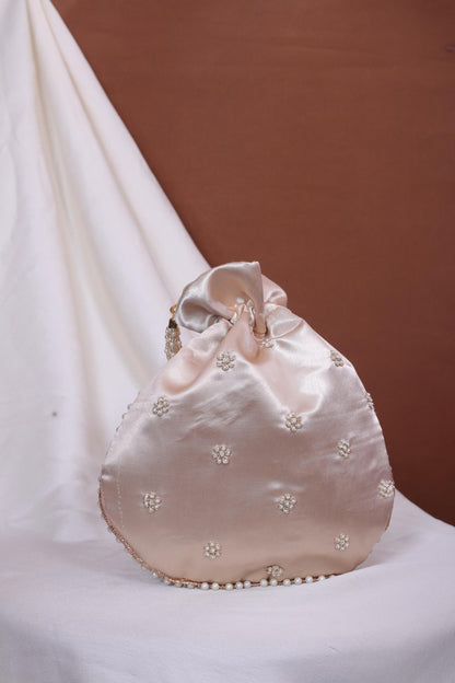 Champagne Gold Pearl Handle Embroidered Potli Bag