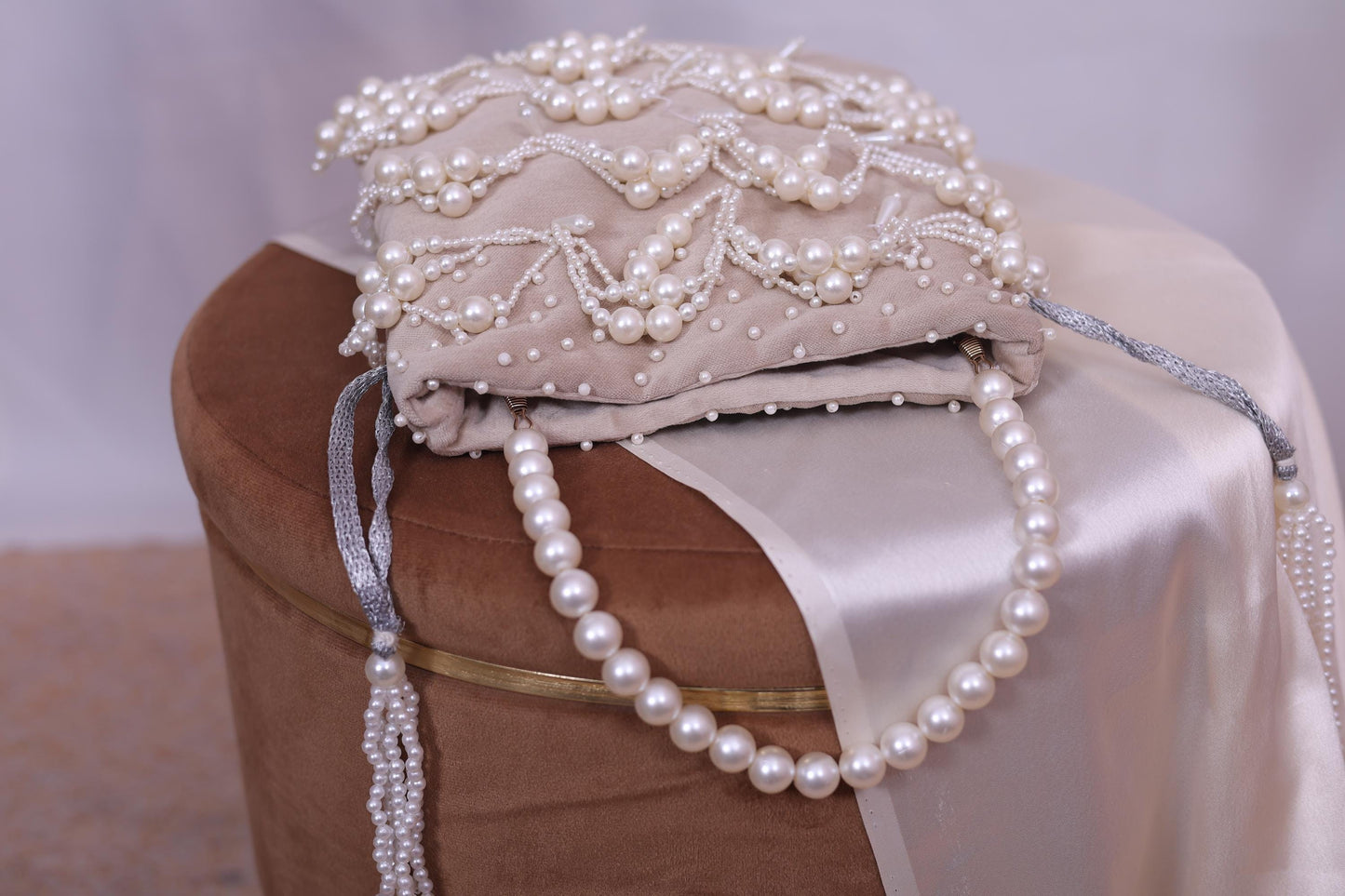 Luxury Pearl Beaded Potli Bag -Both Side| Handcrafted Beige Evening Clutch | Indian Wedding Purse | Bridal Party Bag | Handmade Gift for Her