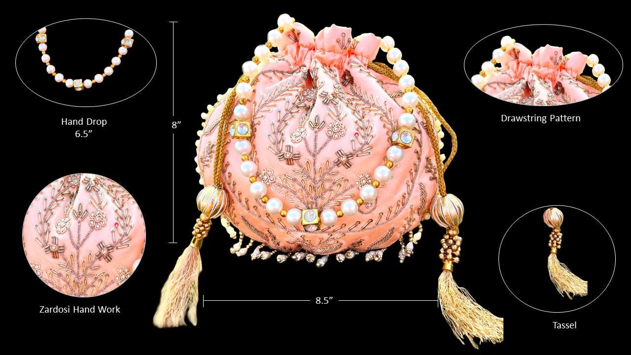 Peach Hand Embroidered Potli Bag with Pearl Handle | Bridal Beaded Drawstring Bag for Wedding & Festive Wear
