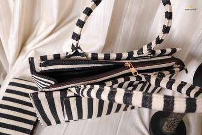 Handcrafted Black & Ivory Striped Tote Bag with Pouch for Everyday Use | Ayaana Creations
