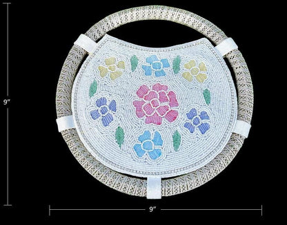 Handmade Beaded Floral Round Handbag with Metal Handle – Vintage Style Evening Bag