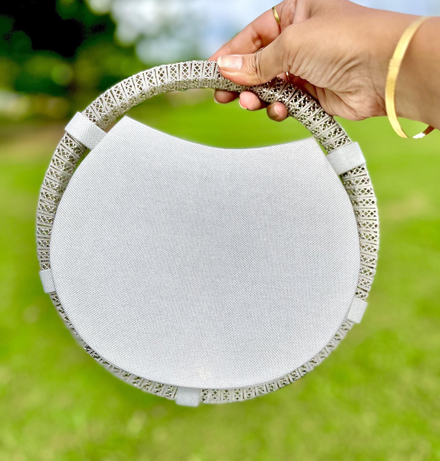 White Beaded Floral Handbag: Round Wedding Clutch with Sling Chain