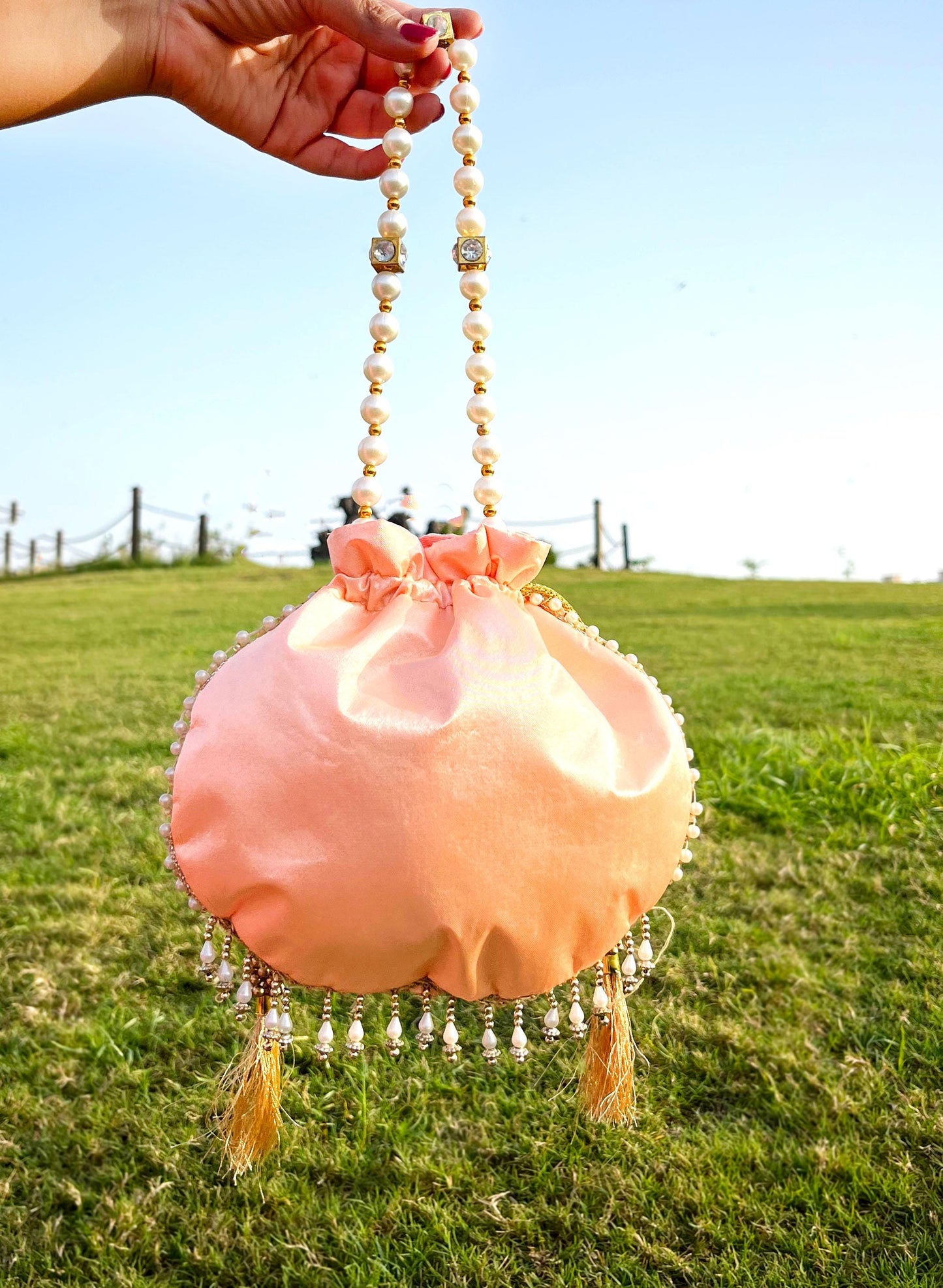 Peach Hand Embroidered Potli Bag with Pearl Handle | Bridal Beaded Drawstring Bag for Wedding & Festive Wear