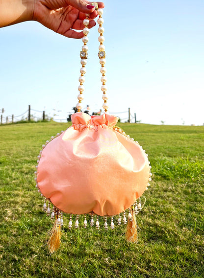 Peach Hand Embroidered Potli Bag with Pearl Handle | Bridal Beaded Drawstring Bag for Wedding & Festive Wear