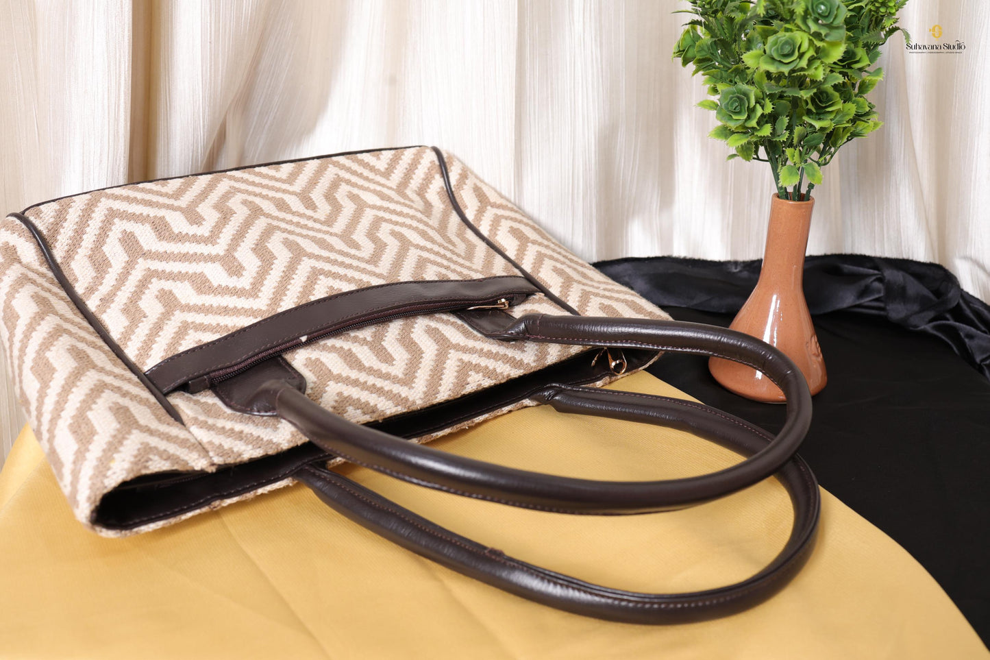 Beige Geometric Tote Bag with Zipper Pouch | Handmade Fabric Shoulder Bag for Daily Use, Work & Travel