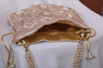 Champagne Gold Pearl Handle Embroidered Potli Bag