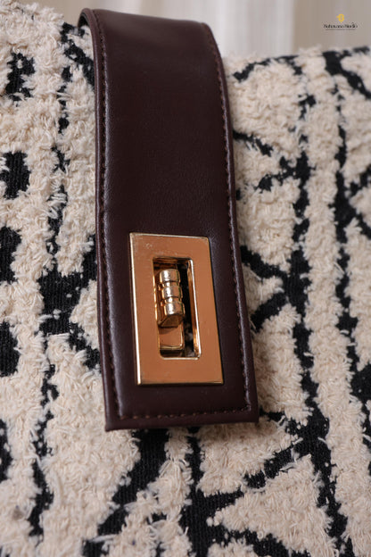 Black & Ivory Textured Tote Bag with Lock Closure | Handmade Geometric Fabric Shoulder Bag with Zipper Pouch