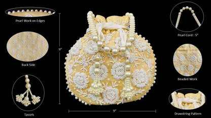 Beige Zardosi Potli Bag: Beaded Pearl Handle, Wedding Favor