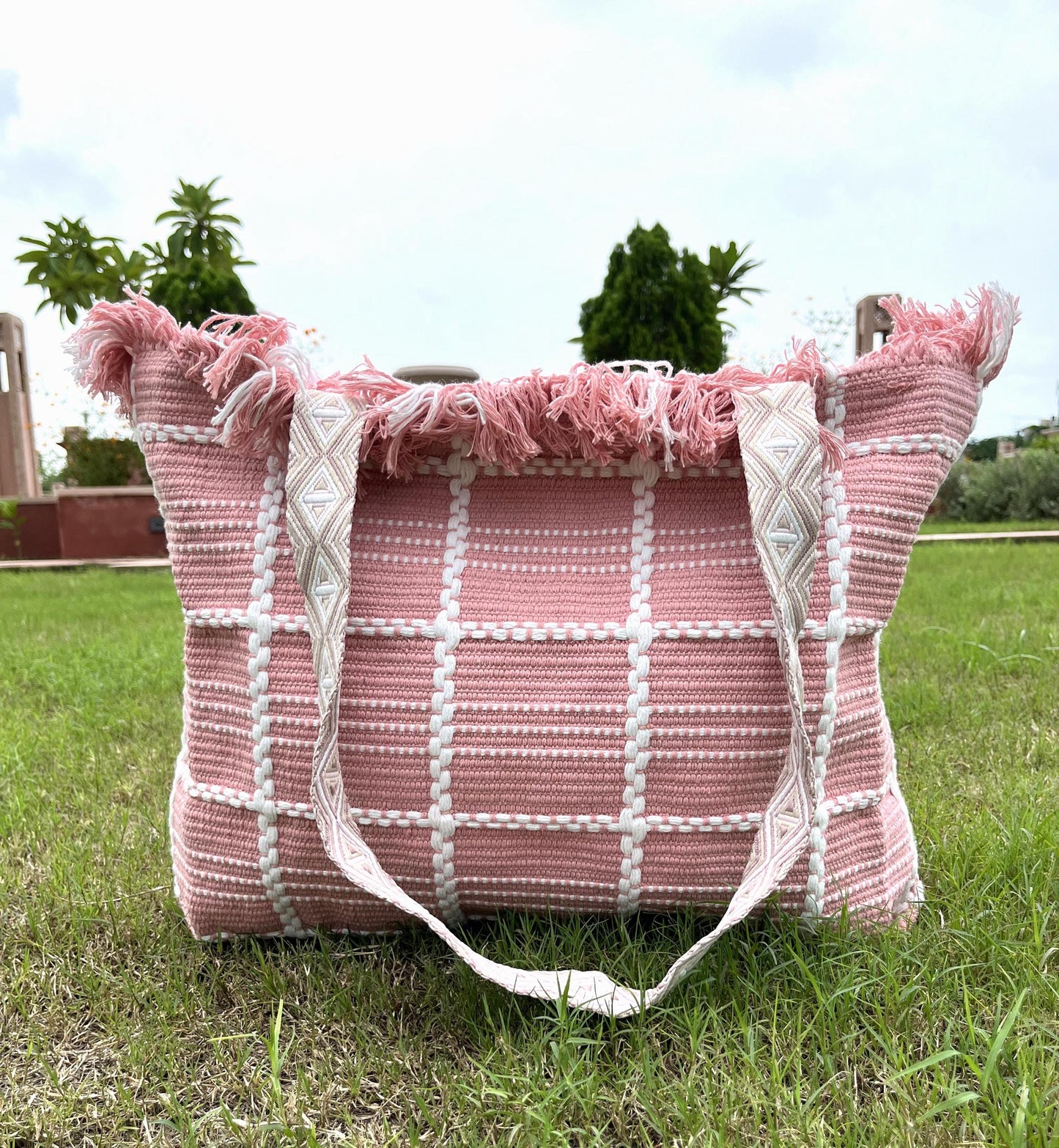 Fringe-Edge Canvas Thread Work Tote Bag with Single Partition| Pink | Beige | Broadbelt