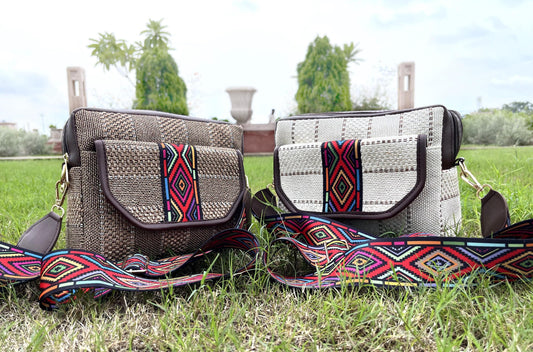 Handmade Broadbelt Jute Adjustable Sling Bag with Multiple Partition | Off White | Brown