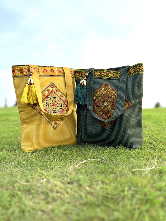 Handcrafted Kantha Embroidery Tote Bag - Patchwork Perfection | Mirror Work | Ajrakh