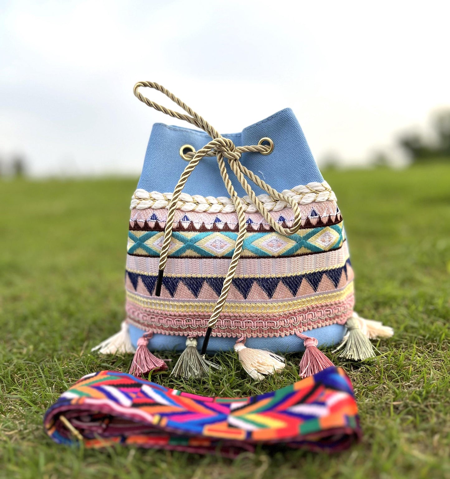 Handmade Boho Fabric Potli Bag: Drawstring Sling Handbag