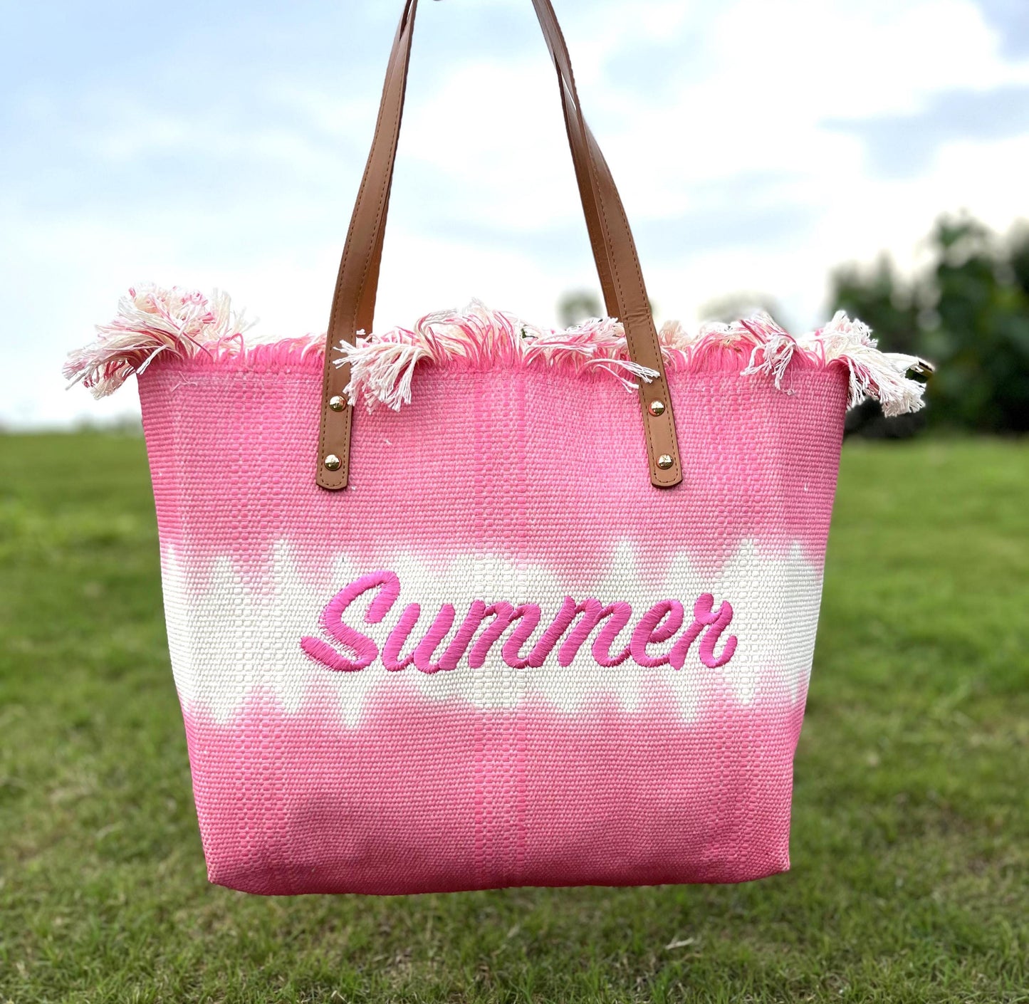 Handcrafted Canvas Tote Bag: Pink Ombre Summer Vibes with Fringe