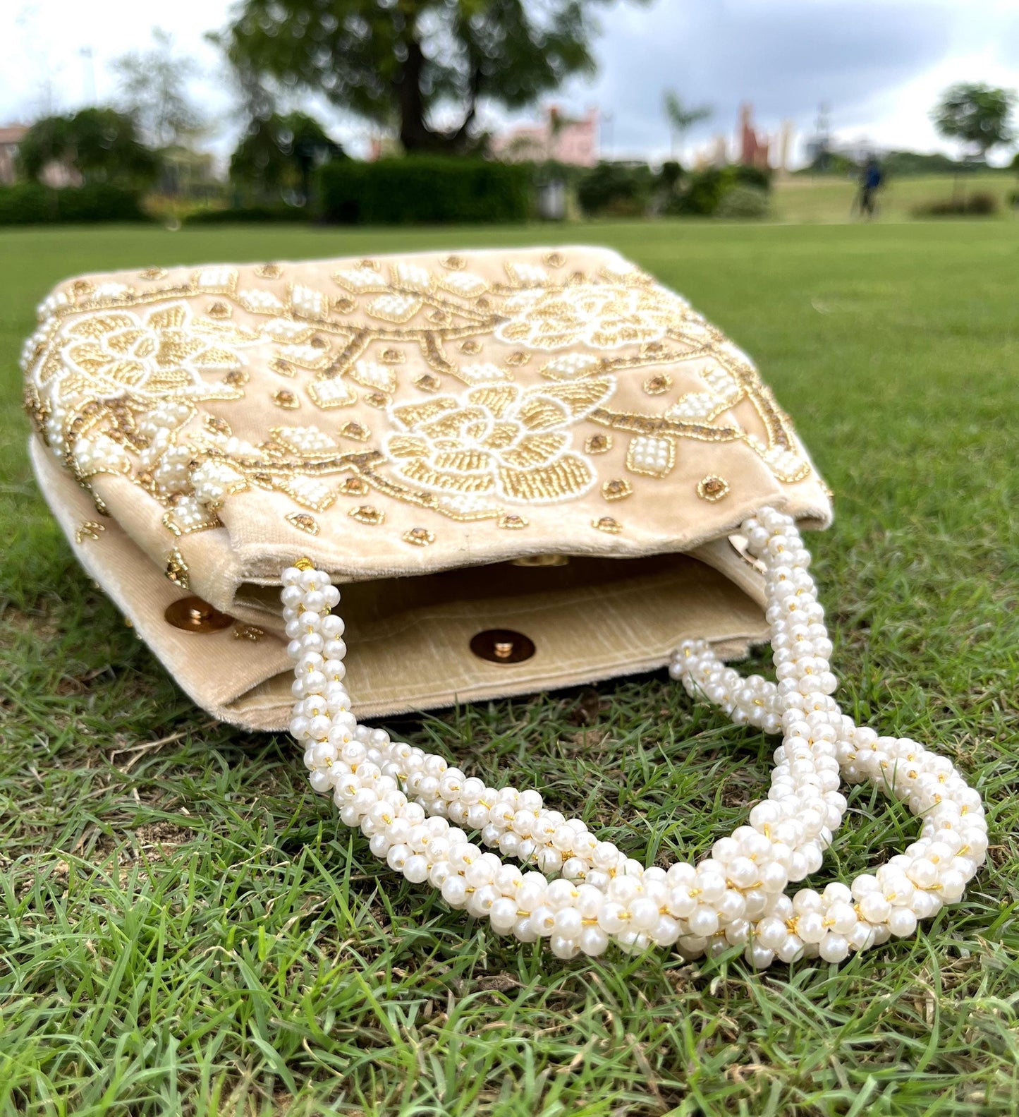 Hand Embroidered Beige Velvet Potli Bag: Wedding Clutch