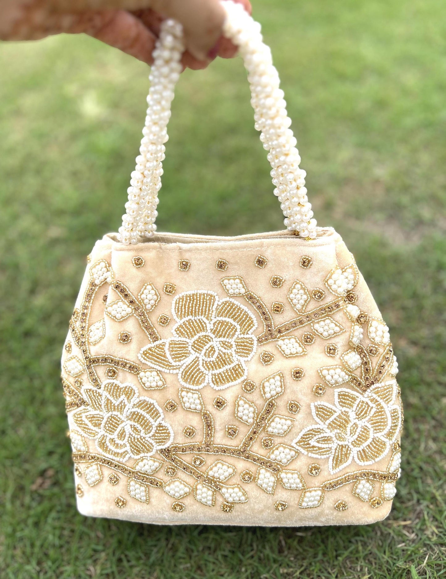 Hand Embroidered Beige Velvet Potli Bag: Wedding Clutch