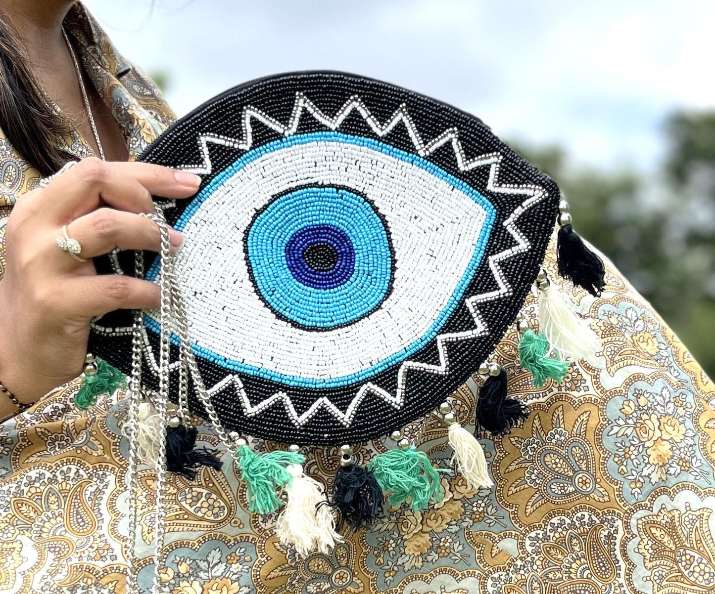 Handcrafted Beaded Evil Eye Bag: Boho Clutch with Colorful Tassels