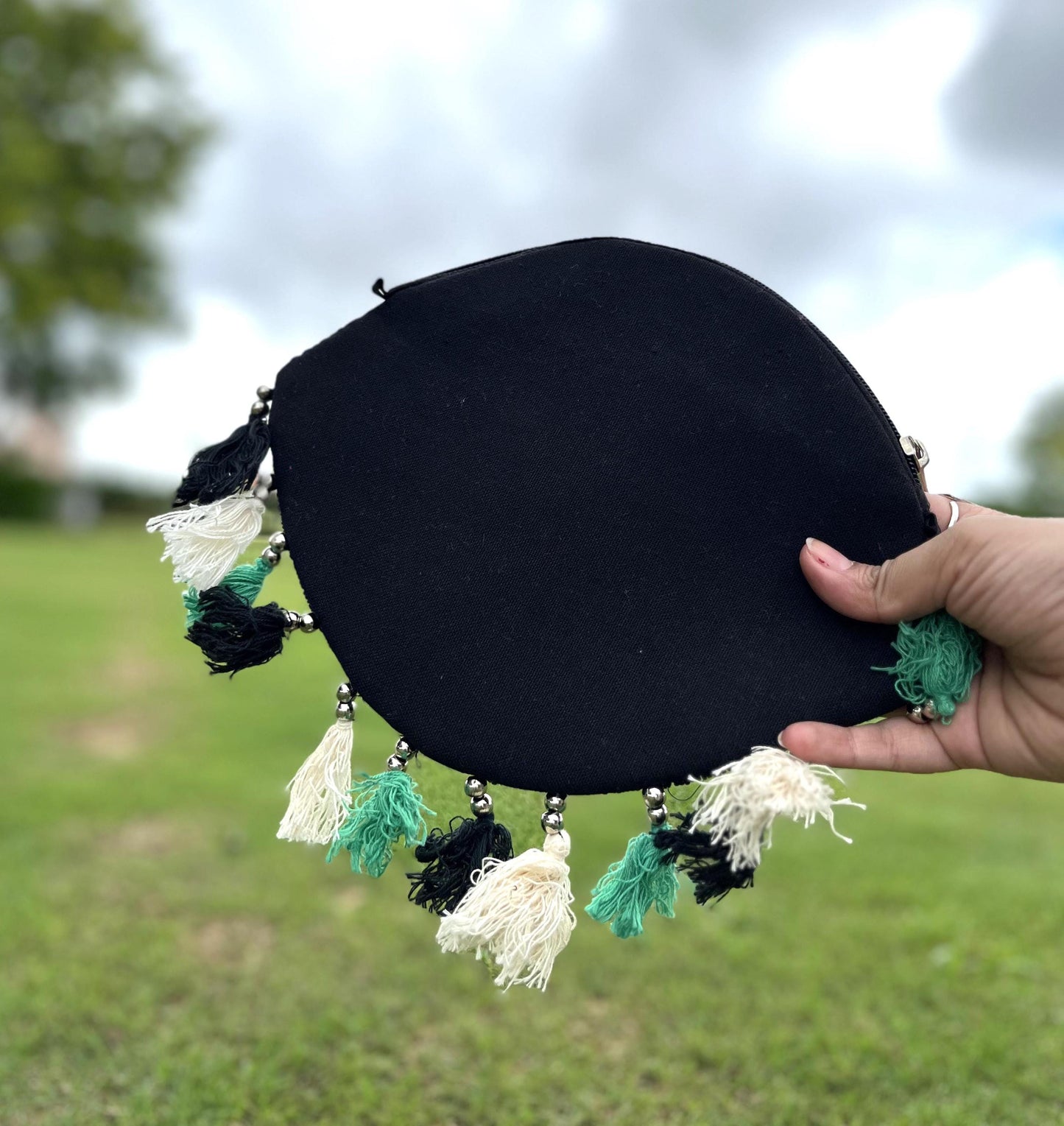 Handcrafted Beaded Evil Eye Bag: Boho Clutch with Colorful Tassels