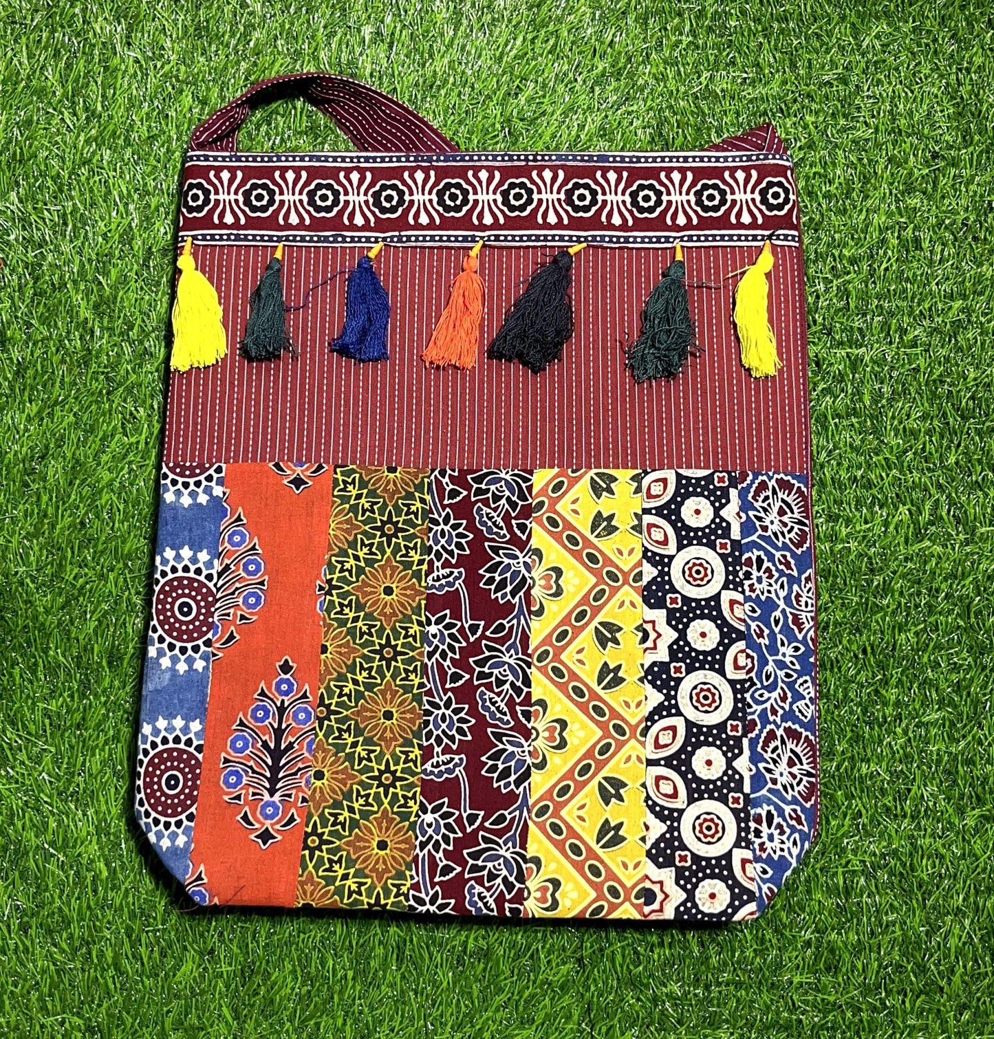 Handcrafted Ajrakh Patchwork Tote Bag: Single Partition Cotton Fabric